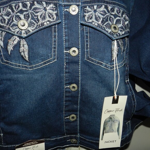 NWT 3XL Women's Embroidered Feathers Cropped Denim Jacket Copper Flash🆕⌚🏃💨🚚 - Picture 5 of 16